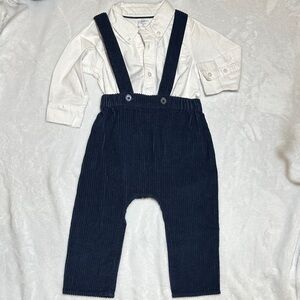 NWT Louis Louise Navy Corduroy Suspender Pants & collared onesie 18 months